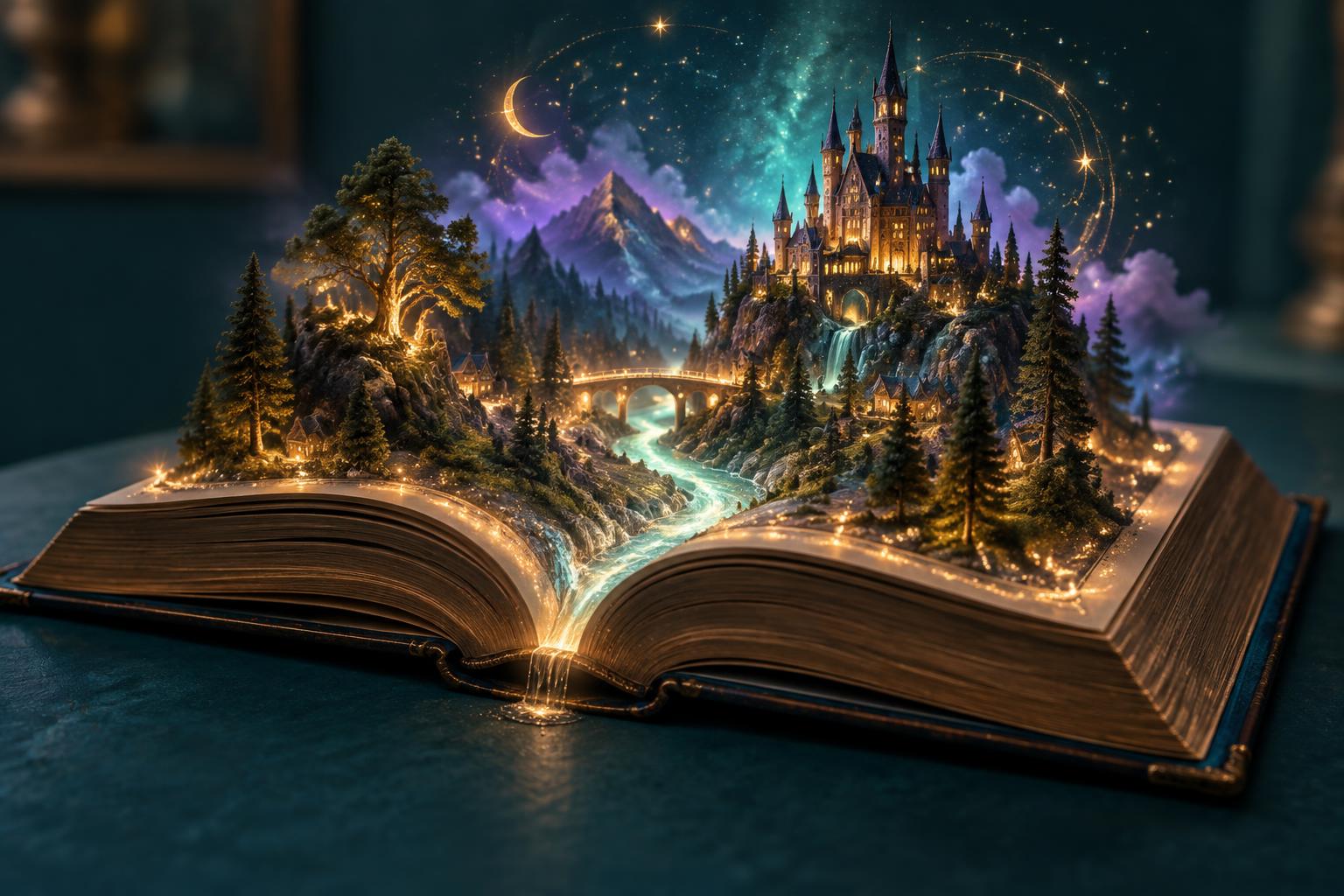 Livro aberto com um cenário mágico surgindo de suas páginas