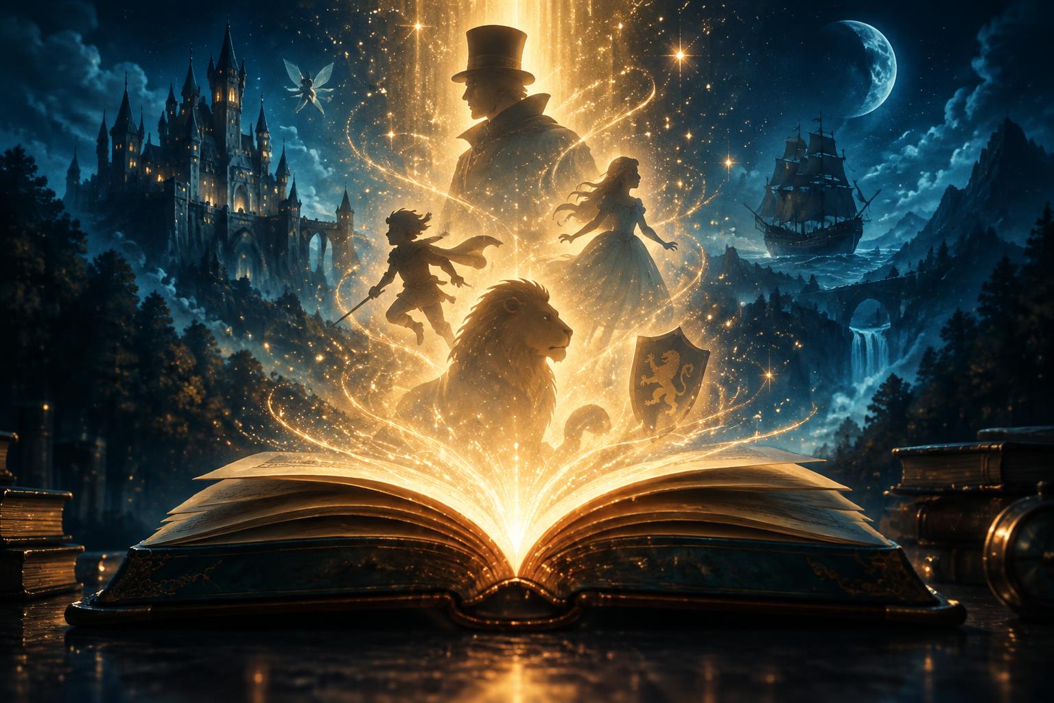 Livro aberto com uma luz dourada saindo das páginas e personagens despertando