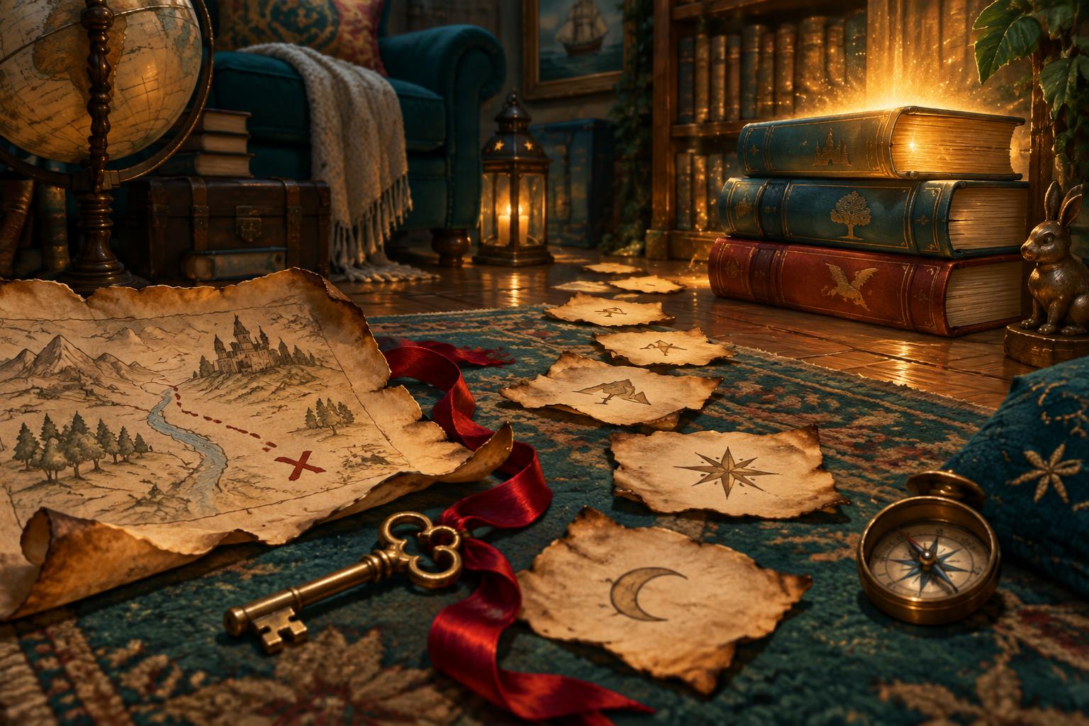 Pistas de papel envelhecido, mapa, chave e fita levando a uma pilha de livros iluminada