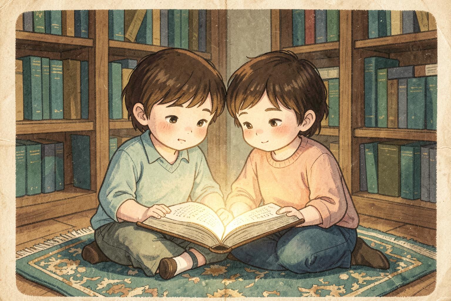 Duas crianças sentadas juntas, lendo um mesmo livro iluminado por uma luz dourada suave