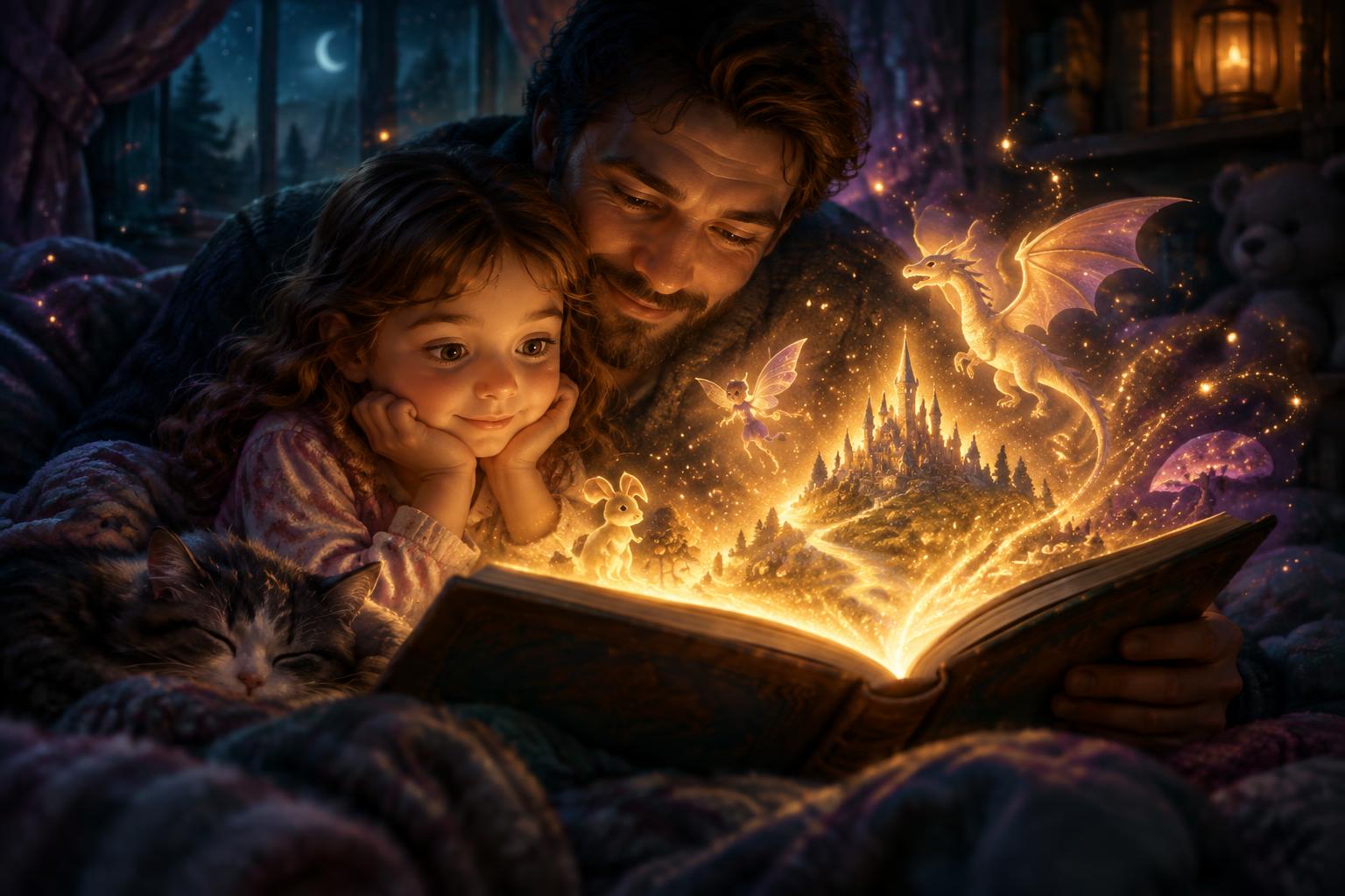 Adulto e criança lendo juntos um livro que emana luz dourada